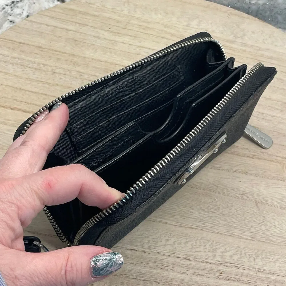 Michael Kors MK Jet Set Slim Wallet Black Signature Monogram Flat Wristlet Zip - Picture 3 of 8